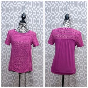 Lucky Brand Embroidered Tee Magenta See-Thru Knit Size: Small